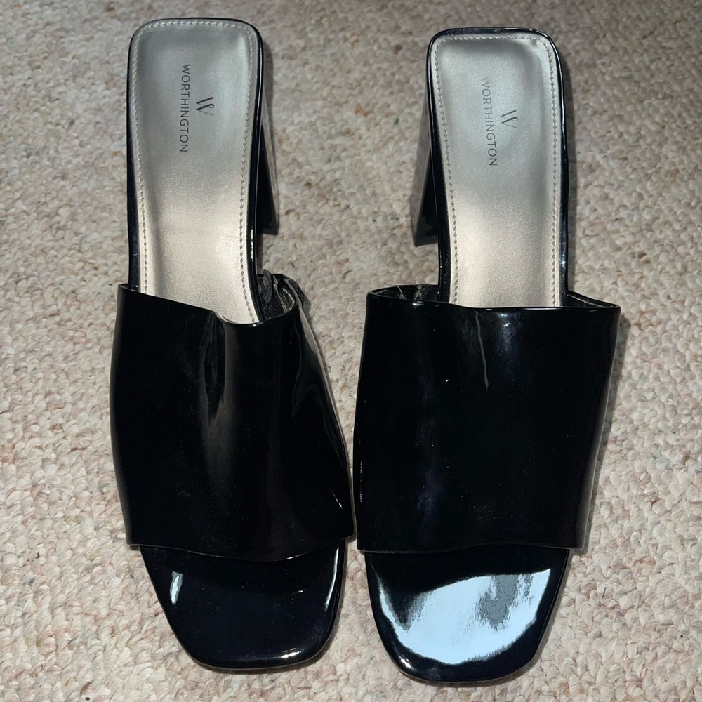 Worthington Black Mules Square Toe Block Heel Slip-On (like new)